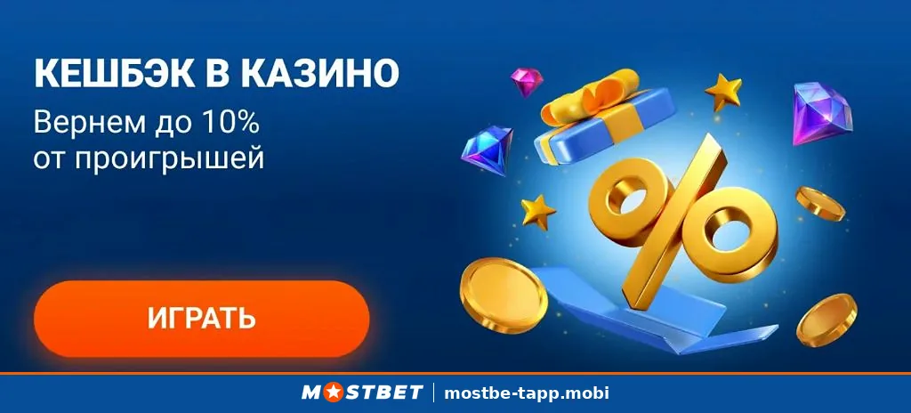 Кешбэк в казино Mostbet — возврат до 10% от проигрышей за неделю