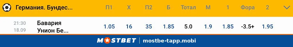 Линия Mostbet в приложении: матч Бавария — Унион Берлин, коэффициенты на исход, тотал и фору